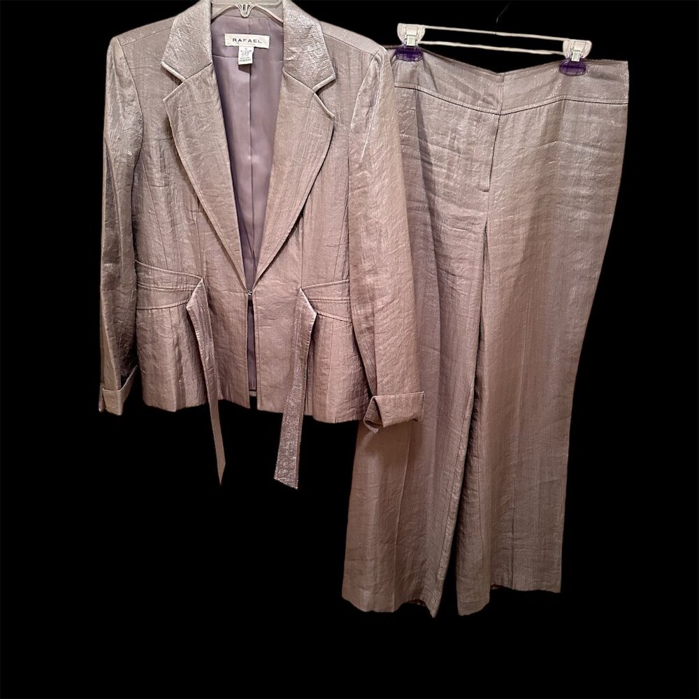 Light Gray Sheen Belted Jacket & Wide-Leg Pants Set